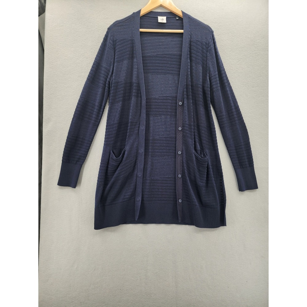 Cabi Navy Blue Textured Longline Cardigan Snap Button Front Sweater Pockets SZ M